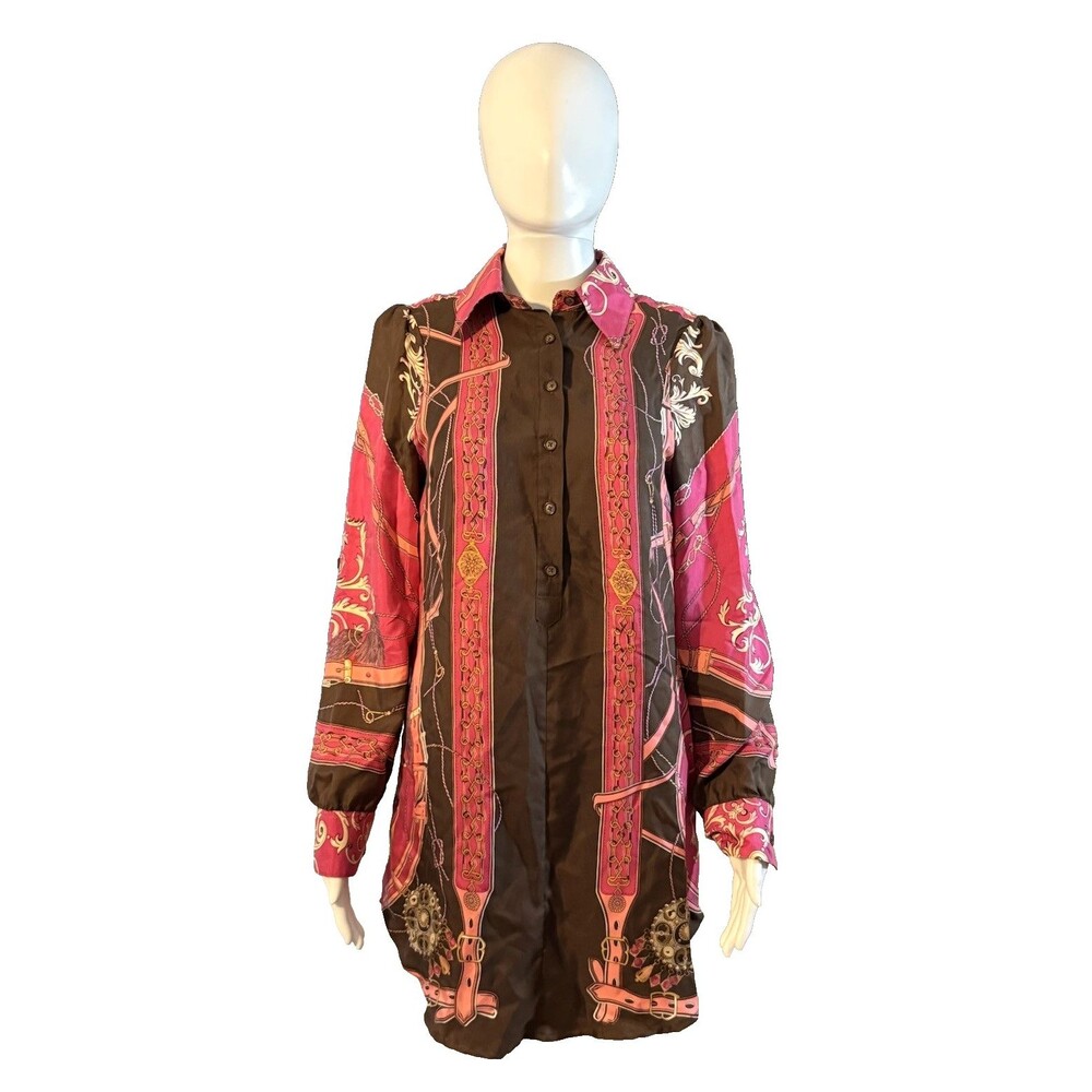 Julie Brown Shirt Dress 100% Silk Equestrian Pink Classic Tab LS Timeless SZ 2